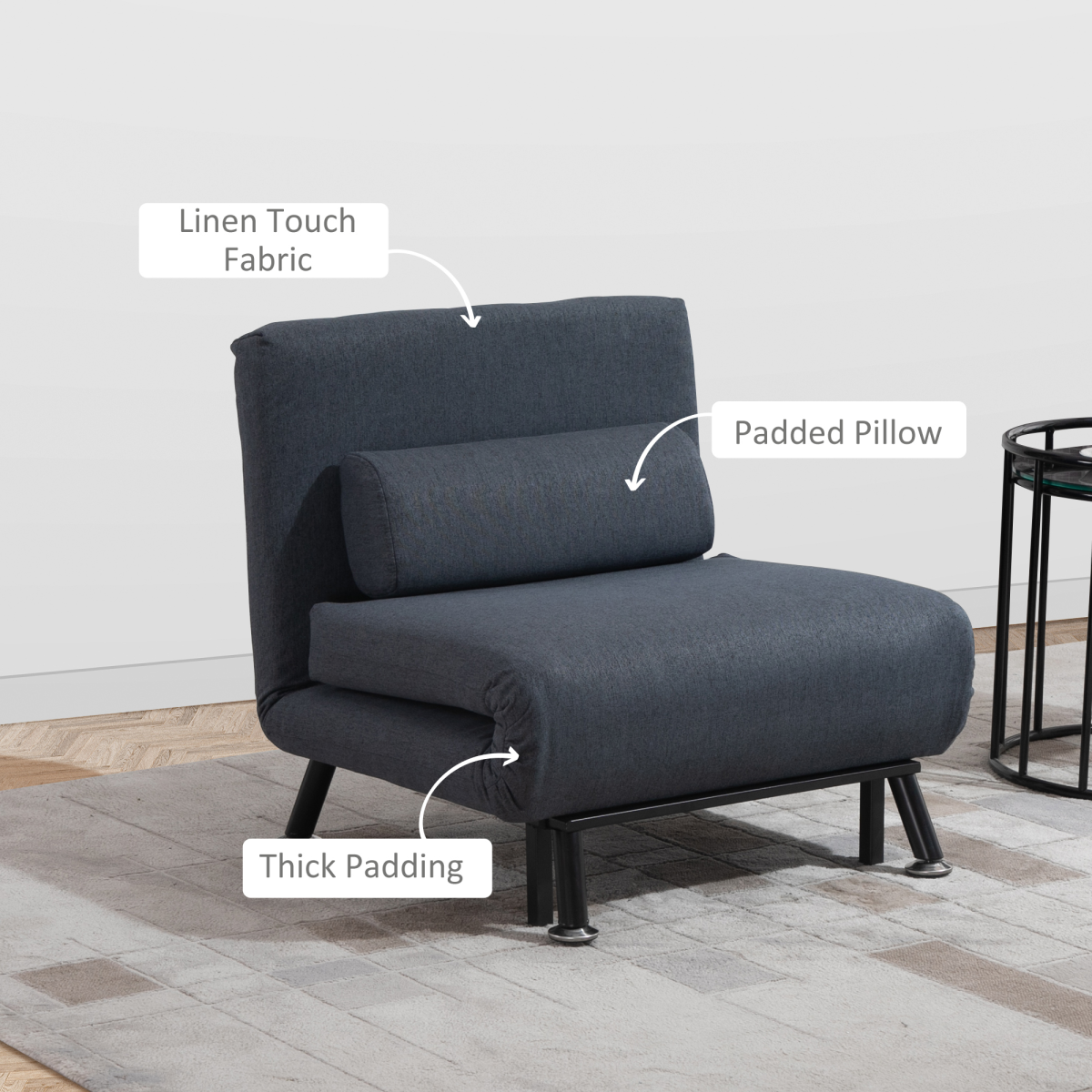 HOMCOM Black Faux Suede 5-Position Armless Futon Single Sofa Bed with Pillow
