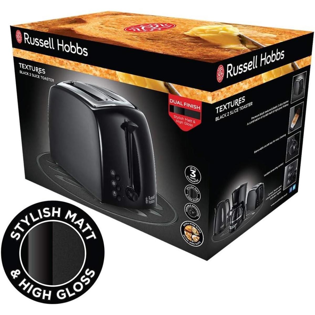 Russell Hobbs Textures 2-Slice Toaster 850 W, Black 21641