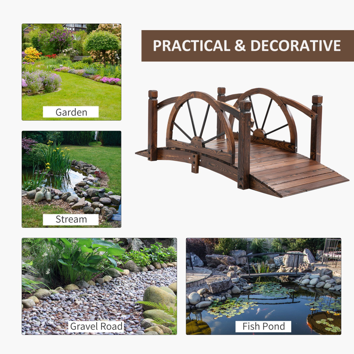 Outsunny Wooden Arched Garden Bridge with Safety Rails, Decorative Outdoor Footbridge