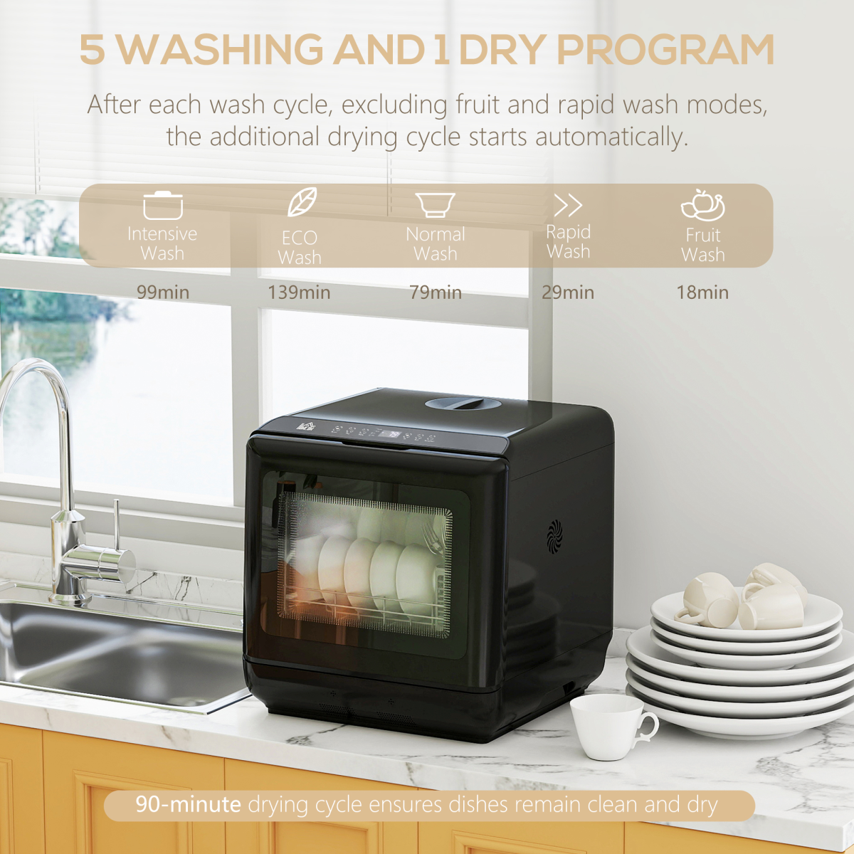HOMCOM Countertop Dishwasher, Dual Water Supply, 5 Cycles, Black