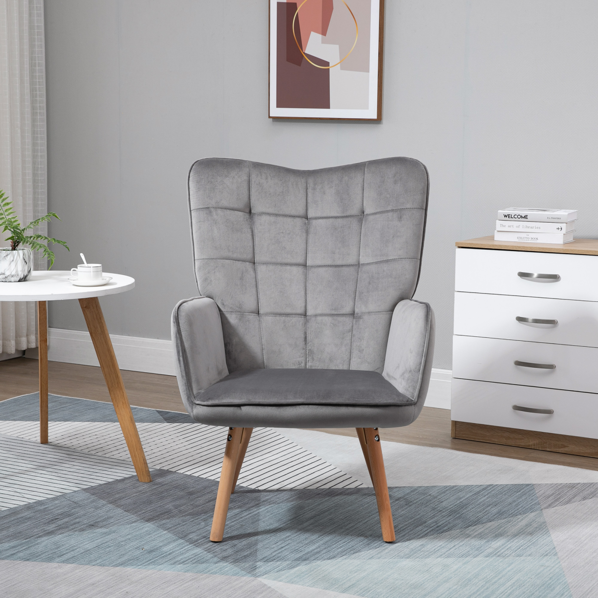 HOMCOM Modern Grey Velvet-Touch Tufted Wingback Accent Chair with Wooden Legs