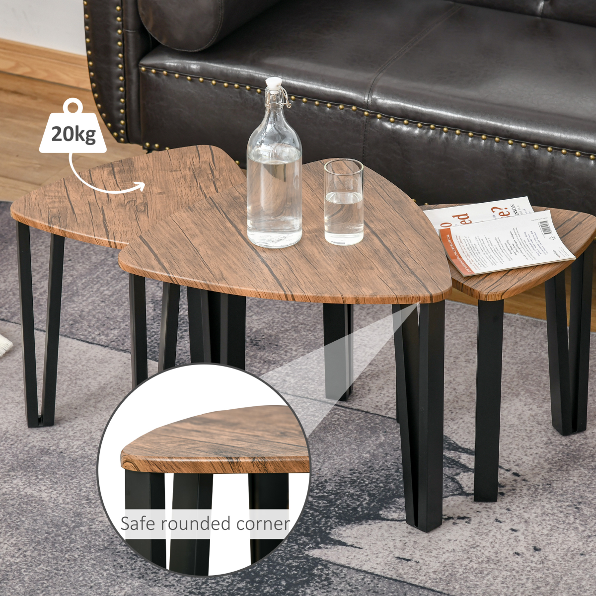 HOMCOM 3-Piece Stackable Triangle Coffee Table Set, Walnut MDF Tops, Steel Frame