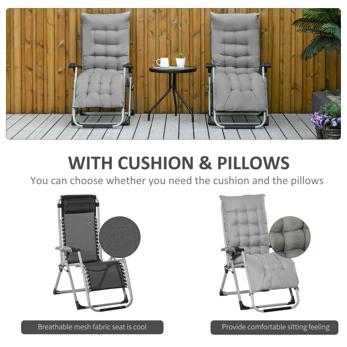 Outsunny 2-Piece Reclining Zero Gravity Folding Lounge Chair, Light Grey
