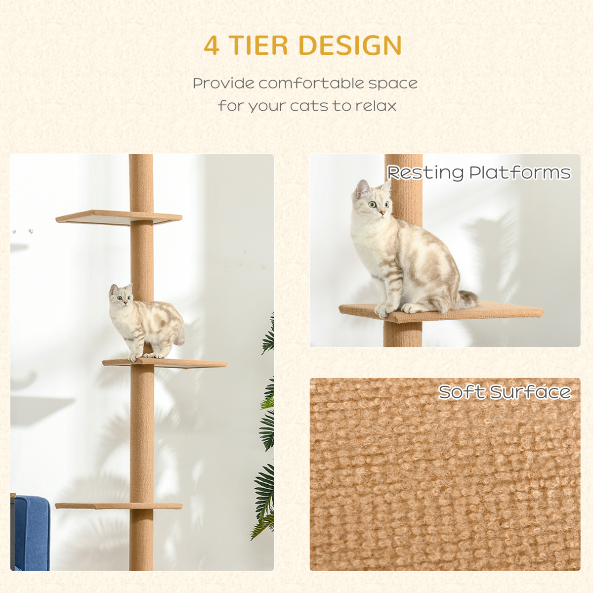 PawHut 260cm Floor-to-Ceiling Cat Tree for Indoor Cats, Adjustable Height, 4 Platforms, Brown