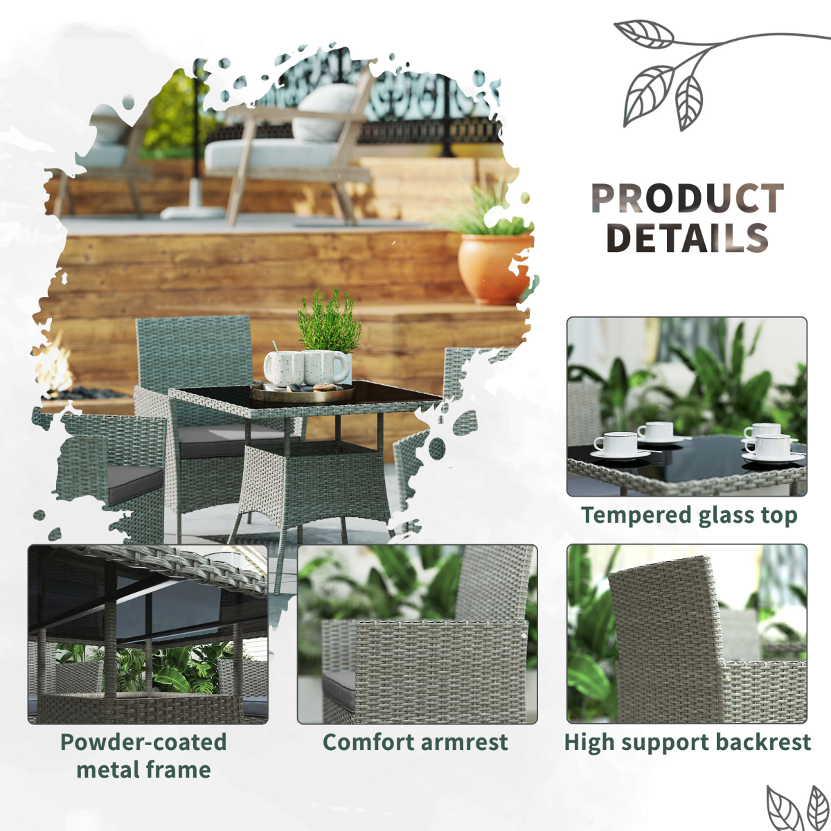 Outsunny 5-Piece Outdoor Rattan Dining Set for 4 with Cushions, Light Grey