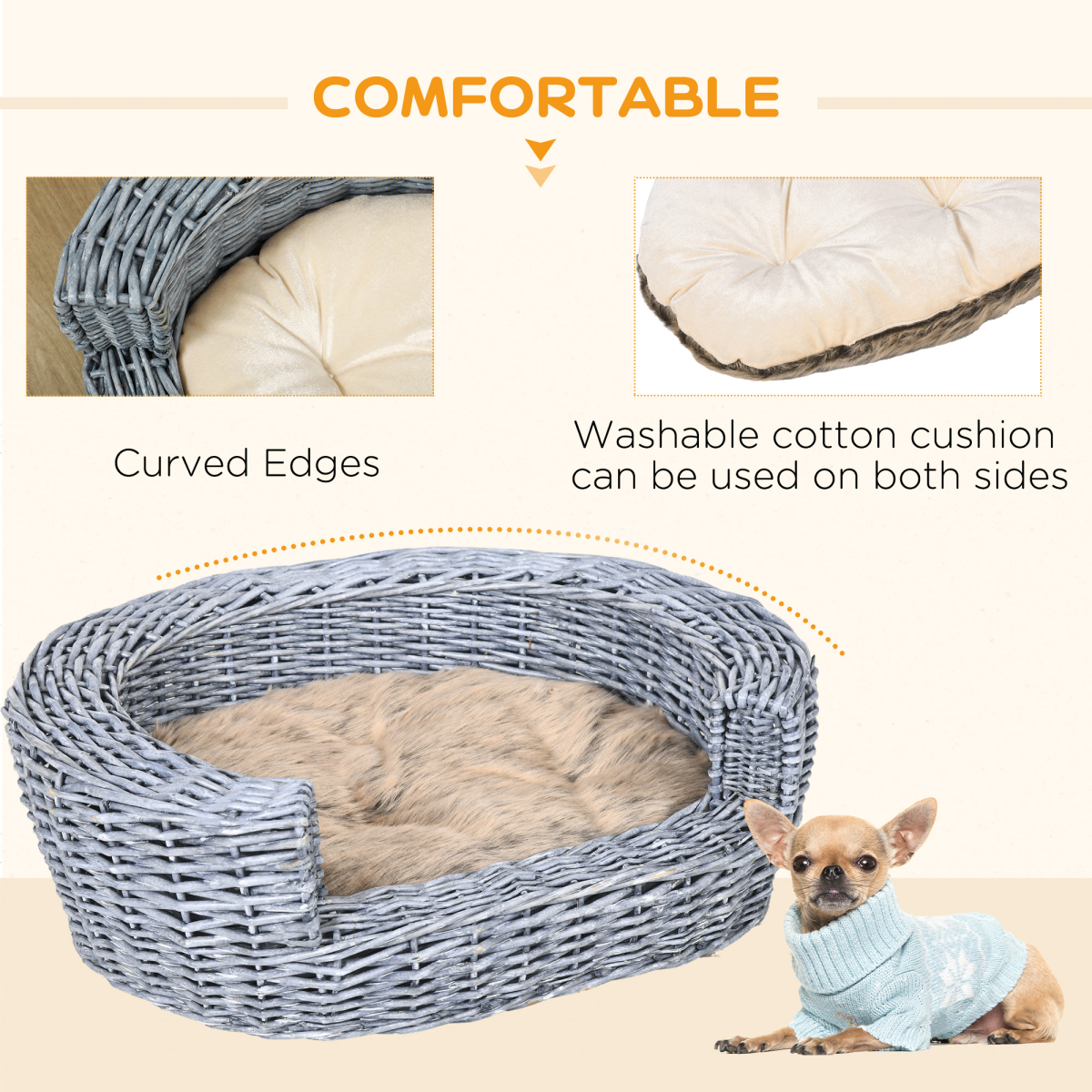 Elevated Wicker Willow Rattan Pet Basket Bed with Cushion for Cats and Dogs