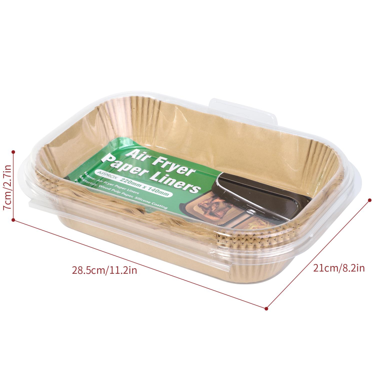 Vinsani 100 Pack Air Fryer Paper Liners, Non-Stick, Greaseproof, 21.8 x 14 cm, Wood Pulp with Silicone Coating