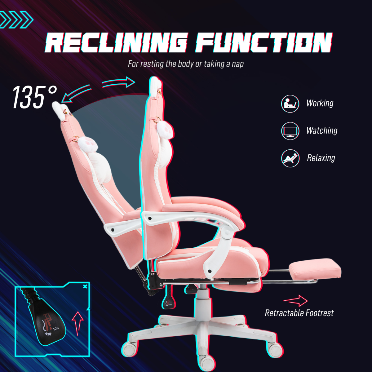 HOMCOM Pink Gaming Chair with Footrest, Reclining Computer Chair