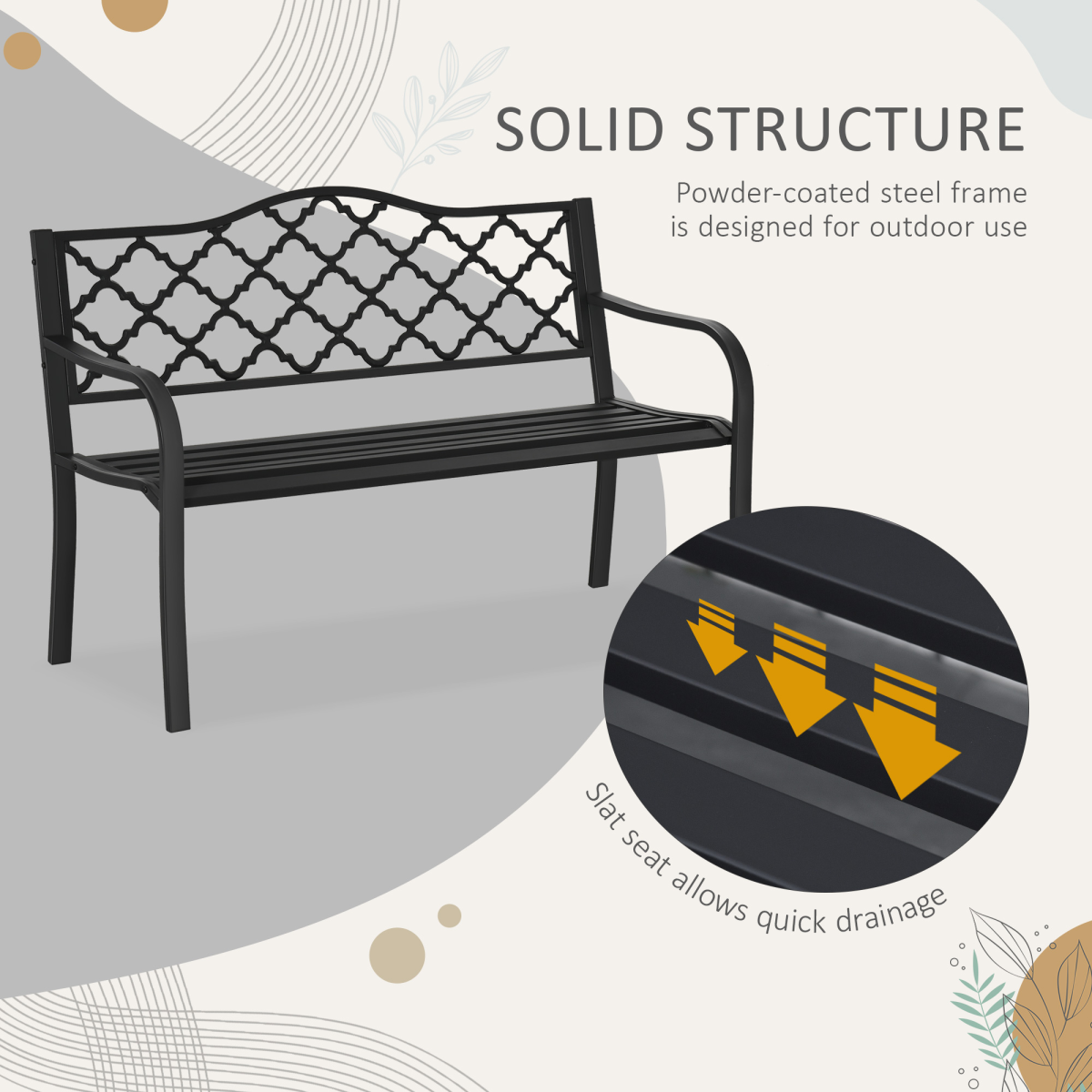 Outsunny 2-Seater Outdoor Garden Bench with Armrests, Matte Black Steel and Cast Iron, Vintage-Style Slatted Backrest