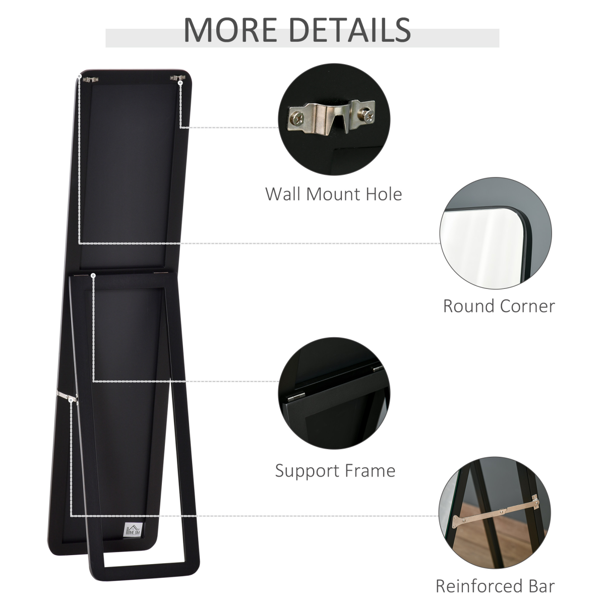 Full Length Mirror Free Standing or Wall Mount Black