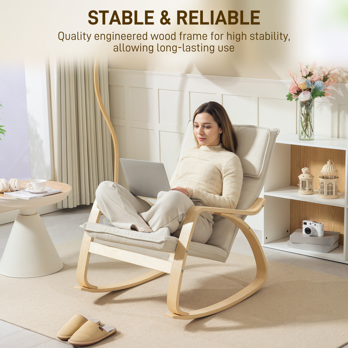 HOMCOM Cream White Linen-Feel High Back Rocking Chair with Headrest
