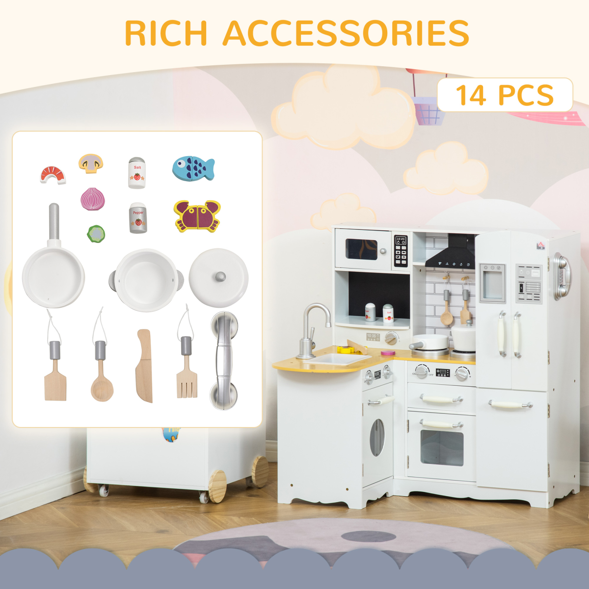 HOMCOM White Kids Kitchen Playset with Full Accessories