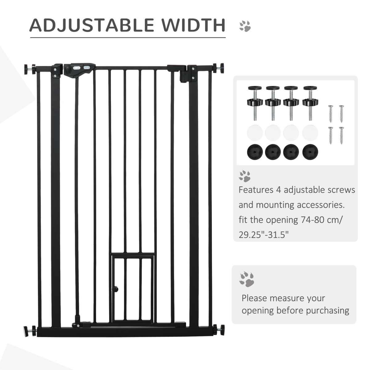 Extra Tall Automatic Closing Dog Gate with Cat Door, Steel Frame, 74-80 cm Wide, for Stairs, Doorways and Hallways, Pawhut