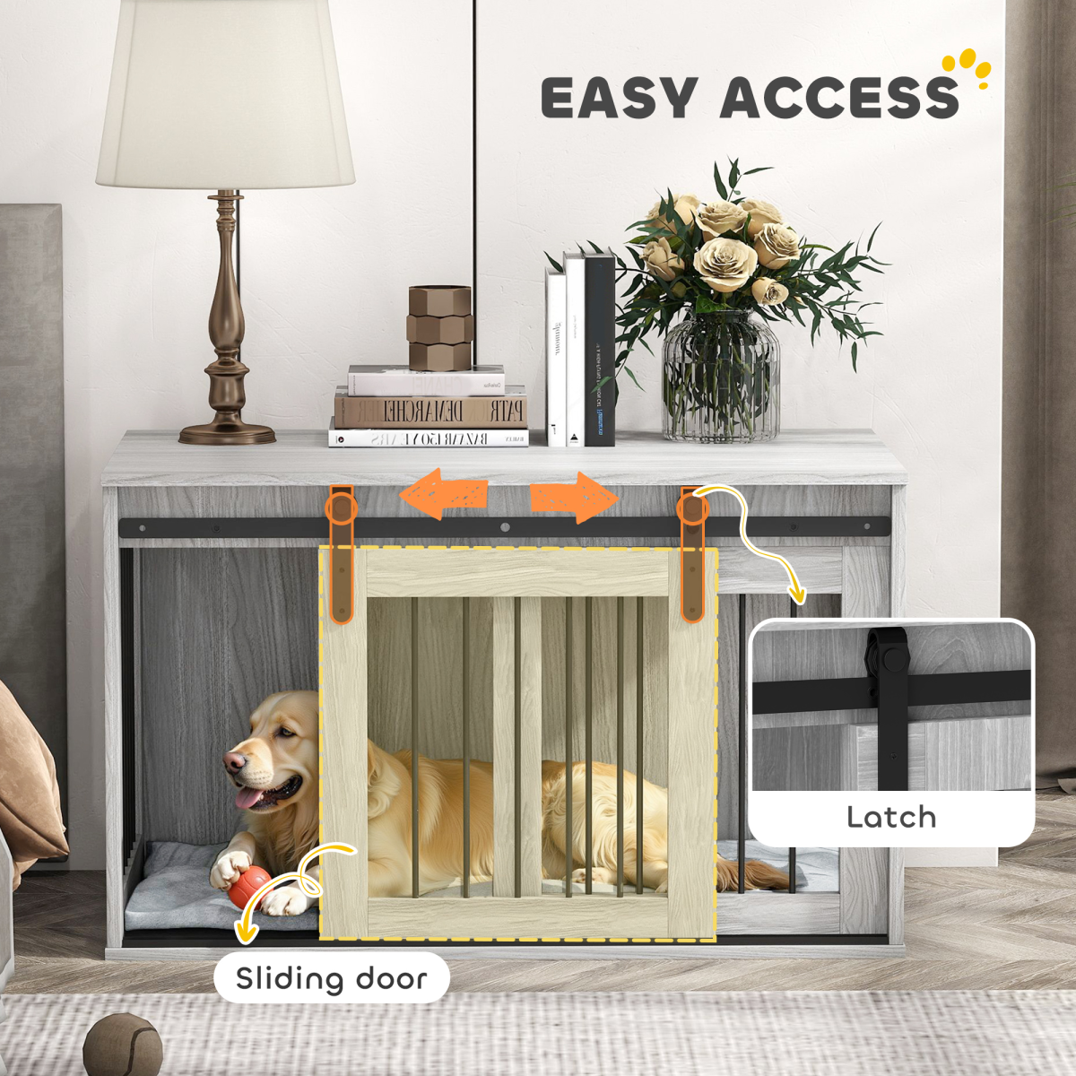 PawHut Grey Dog Crate Furniture with Cushion, Side Table for Large Dogs