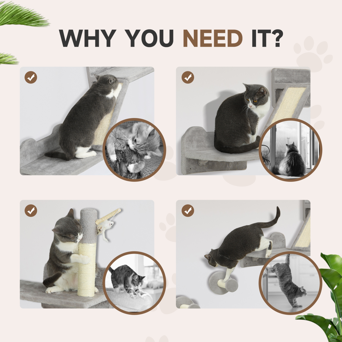 PawHut 3-Piece Wall-Mounted Corner Cat Shelves, Light Grey