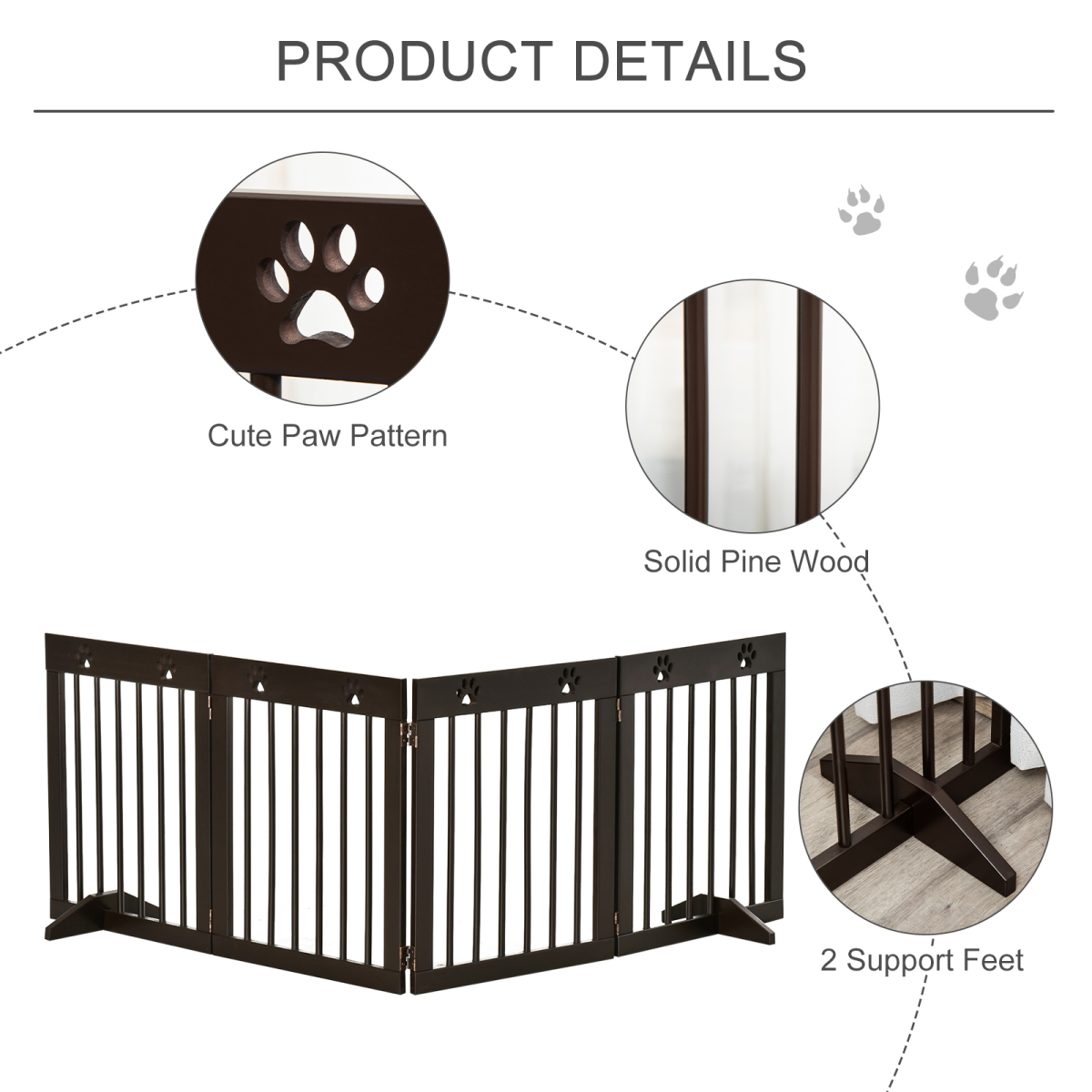 PawHut Freestanding 4-Panel Folding Wooden Dog Barrier with Support Feet