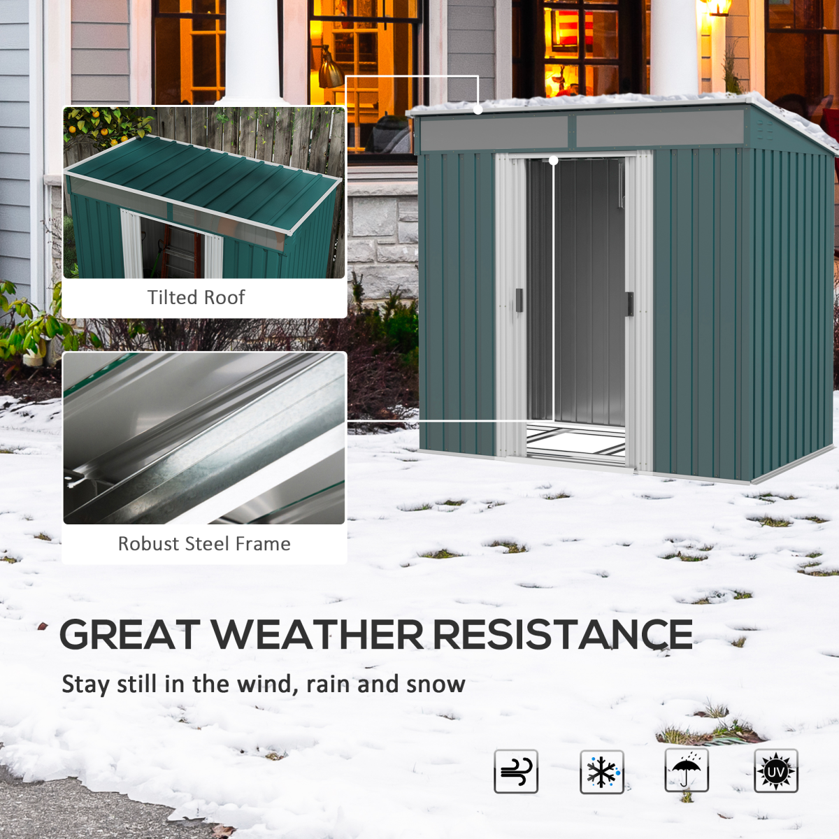 Outsunny 6.5x4FT Green Galvanized Steel Garden Shed with Foundation, Lockable Sliding Doors and Windows