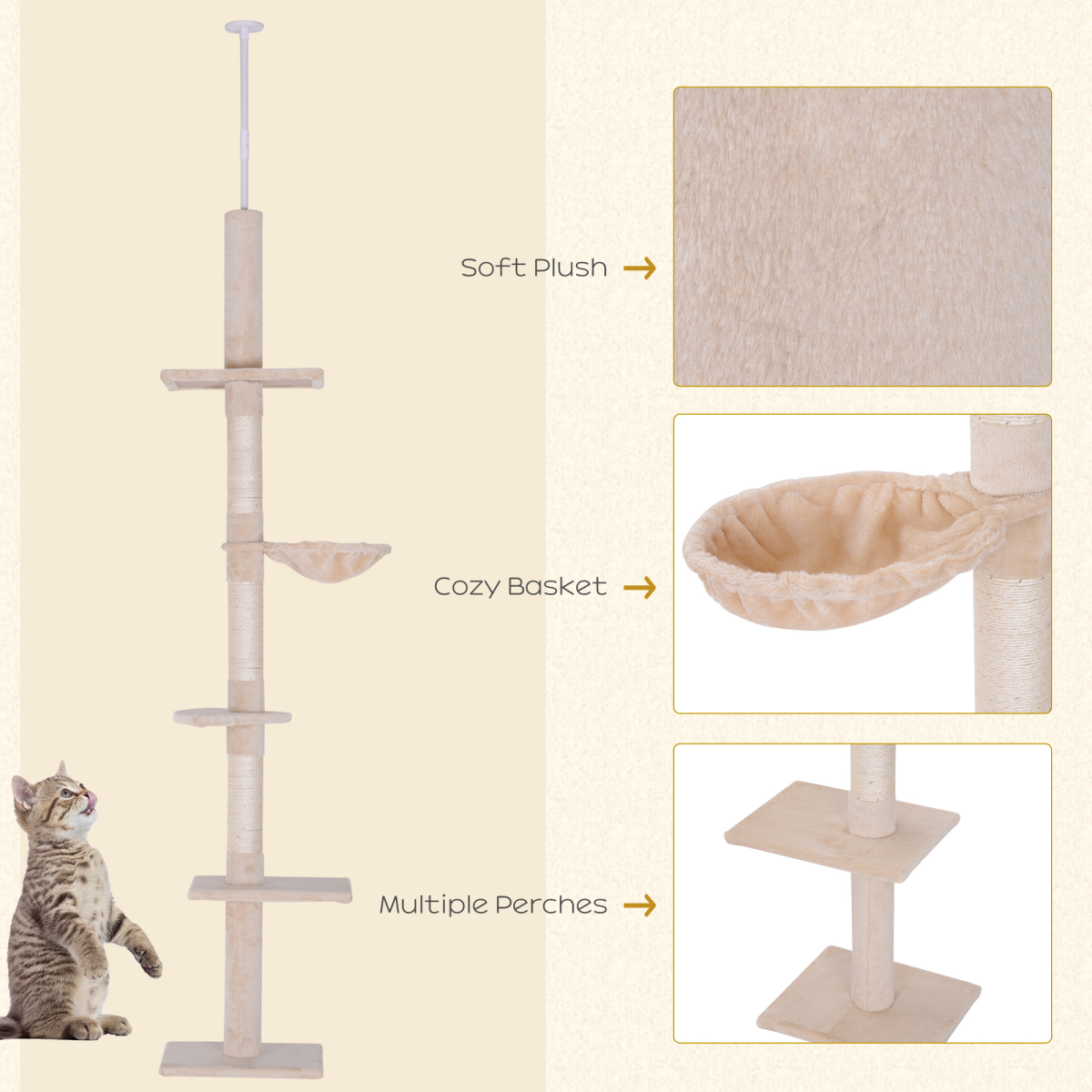 Pawhut 5-Tier Floor to Ceiling Cat Tree with Scratching Post, Adjustable 230-260cm Kitty Tower Activity Center