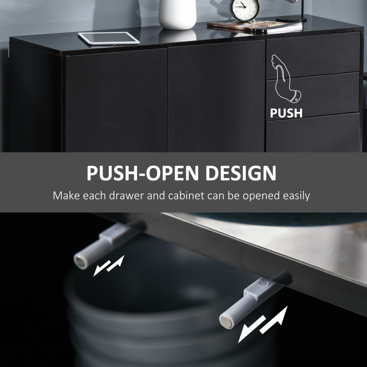 Side Cabinet with 2 Doors and 2 Drawers, Push Open Freestanding Storage Cabinet for Home Office