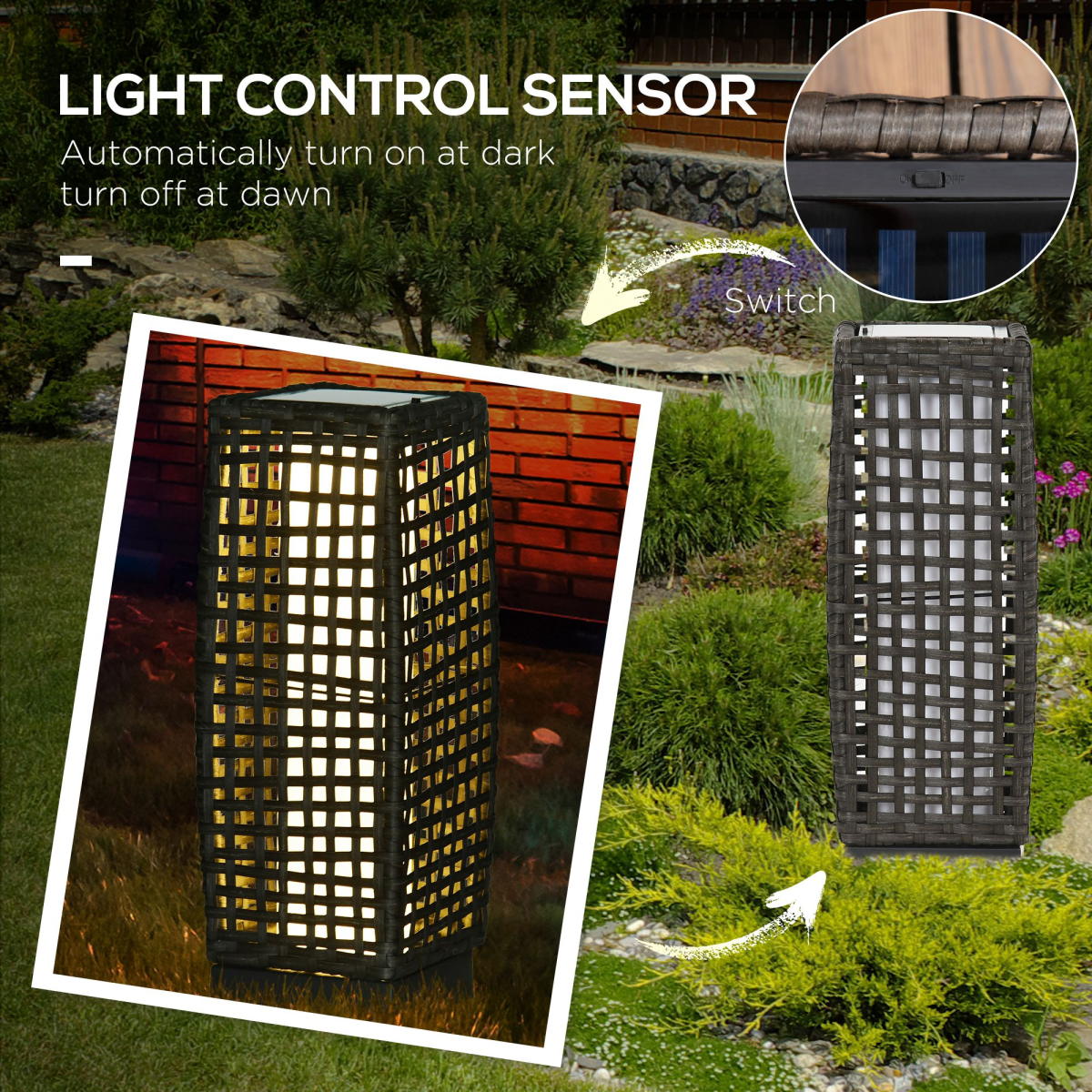 Outsunny Solar Rattan Garden Lantern with Auto On/Off LED Light