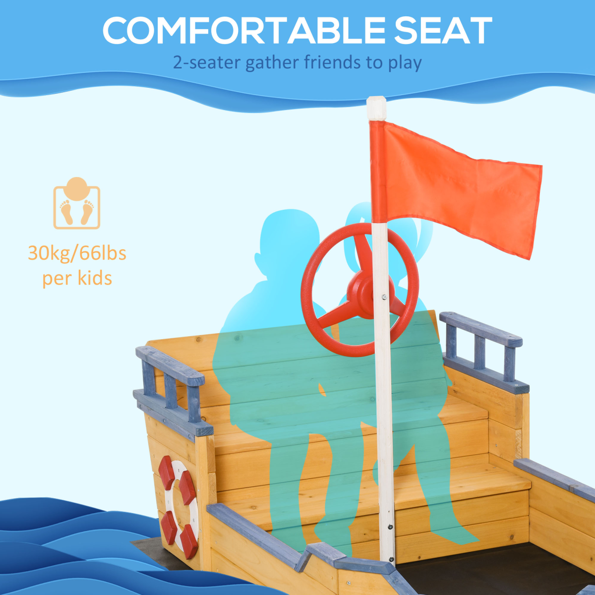 Outsunny Kids Wooden Pirate Ship Sandbox with Bench Seat and Storage Space, Fir Wood Play Boat, Ages 3-6