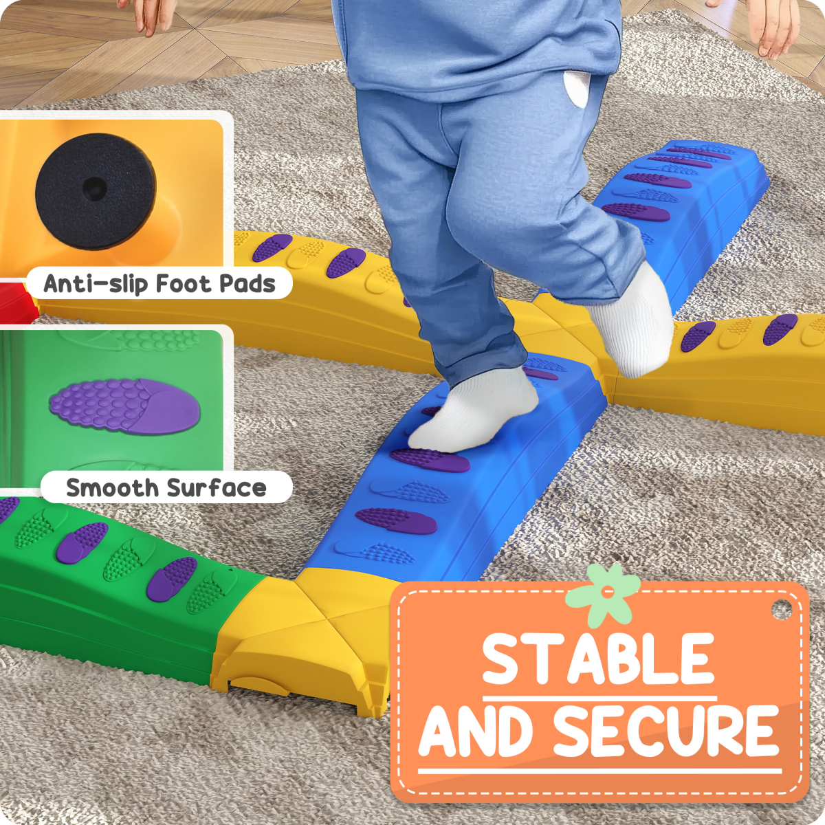 AIYAPLAY 12-Piece Kids Balance Beam Stepping Stones with Non-Slip Pads