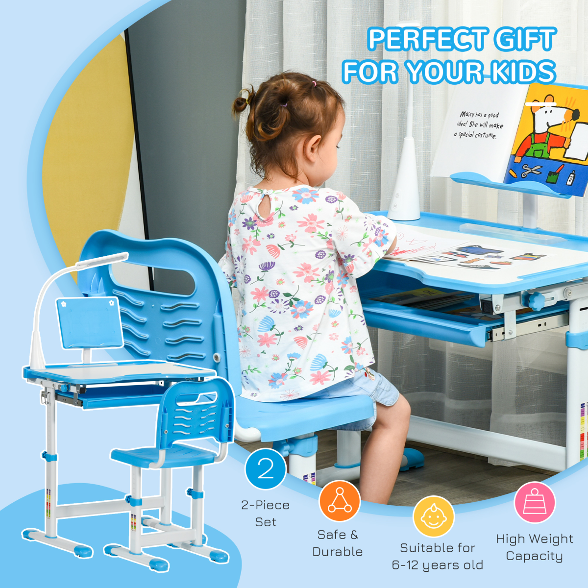 HOMCOM Kids Adjustable Study Desk and Chair Set with USB Lamp, Blue