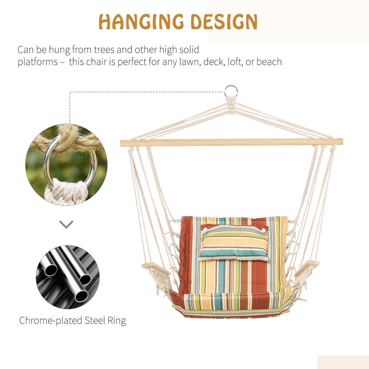 Outsunny Hanging Hammock Chair Swing with Wide Seat, Thick Rope, Wooden Armrests, Cotton Seat, Removable Pillow, 105kg Capacity