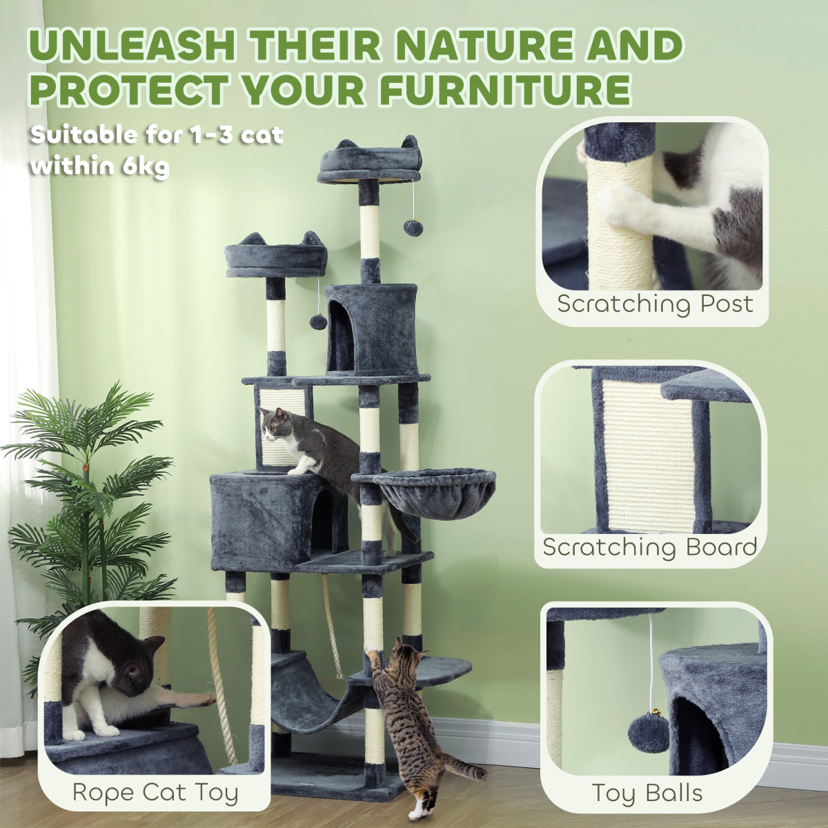 PawHut 206cm Tall Cat Tree with Beds, Condos, Scratching Posts