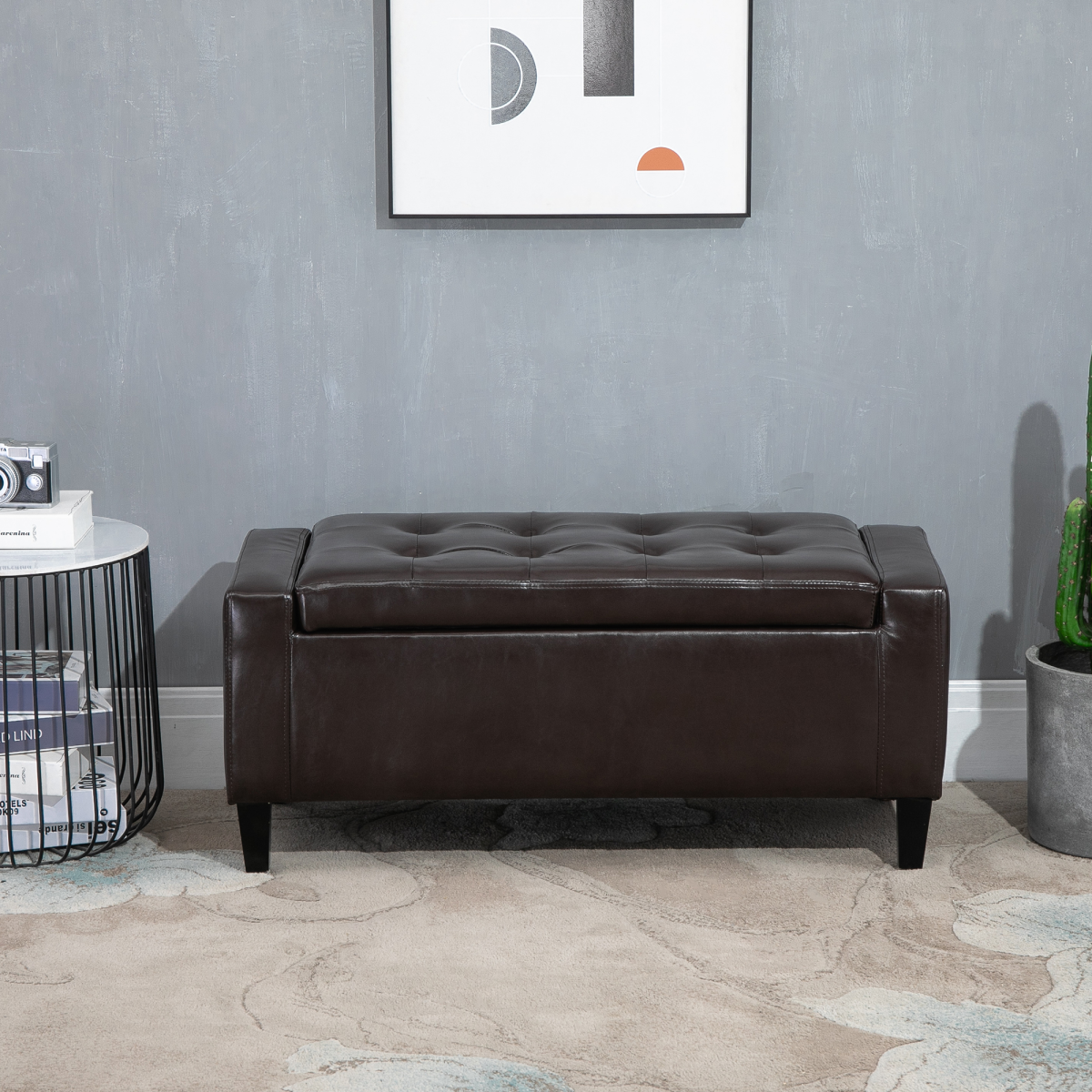 HOMCOM Tufted Faux Leather Storage Ottoman Bench, Padded Seat