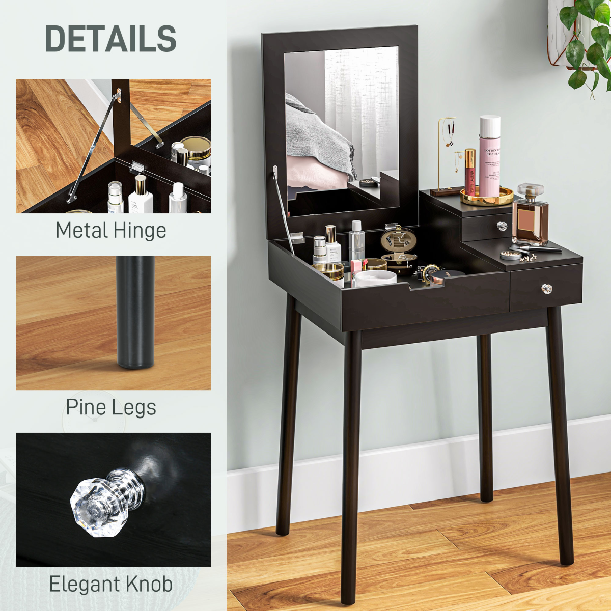 HOMCOM Black Dressing Table Vanity Desk with Flip-Up Mirror, 2 Drawers