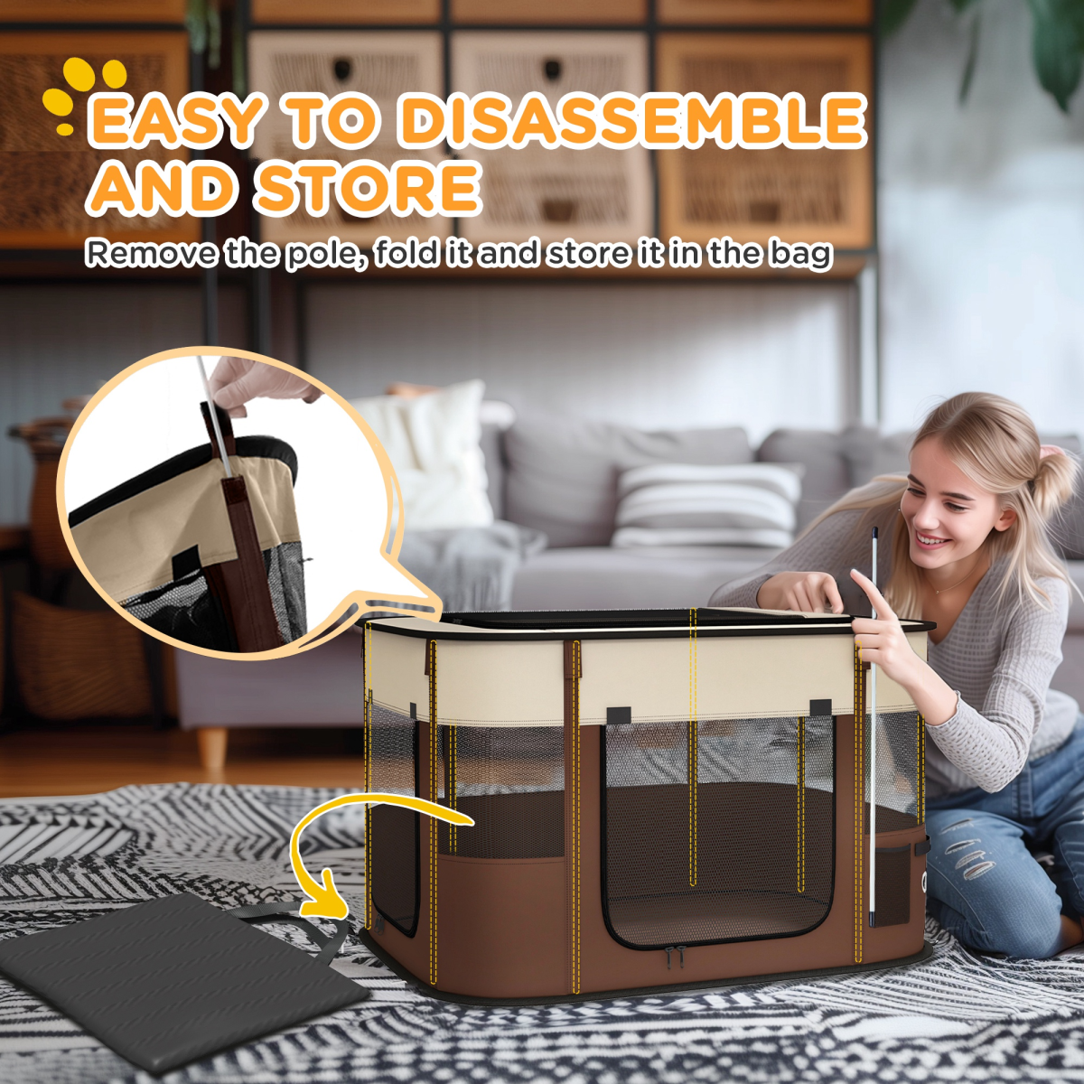 PawHut Foldable Portable Pet Pen for Small Animals, Brown