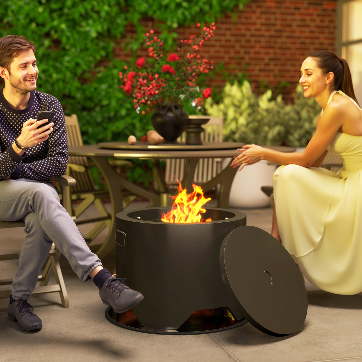 Outsunny Outdoor Round Wood Burning Fire Pit with Lid and Poker, Black