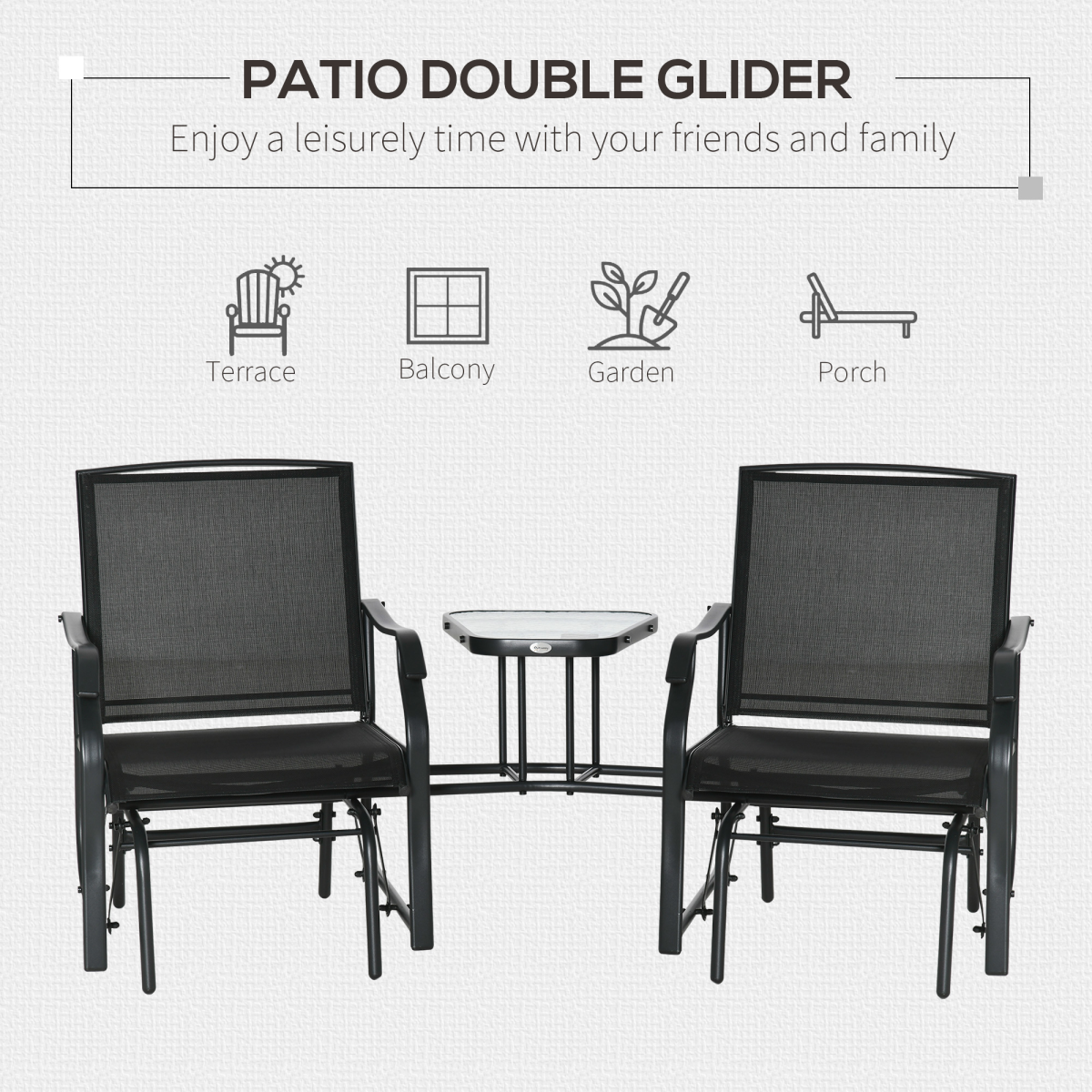 Outsunny Double Glider Rocking Chair Love Seat with Glass Middle Table, Mesh Fabric, Steel Frame