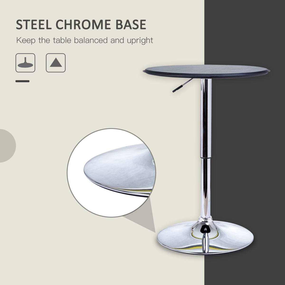 HOMCOM Height Adjustable Round Bar Table with Swivel Round Top, Chrome Steel Frame, Black