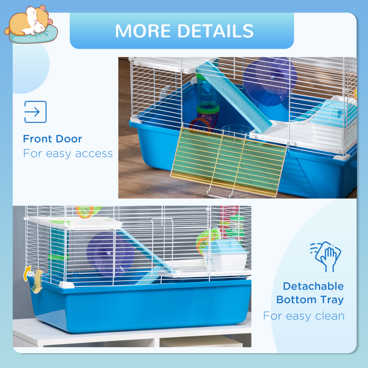 Hamster Cage Rodents House w/ Tubes Exercise Wheel, Water Bottle - Blue