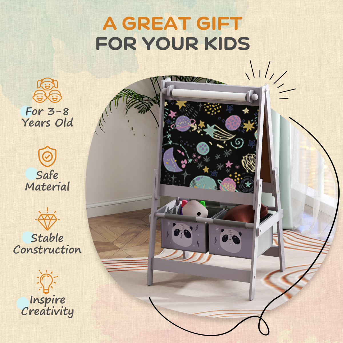 AIYAPLAY 3-in-1 Kids Easel with Paper Roll, Storage, Grey