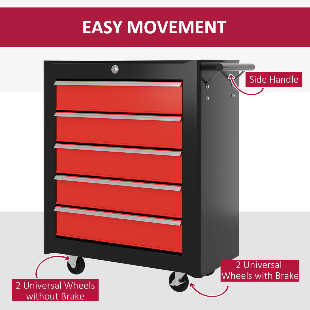 HOMCOM 5-Drawer Lockable Steel Tool Chest with Wheels, Red