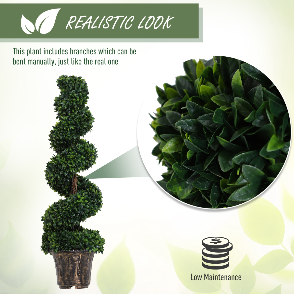Set of 2 Artificial Boxwood Spiral Topiary Trees, Green PE Plant Decor