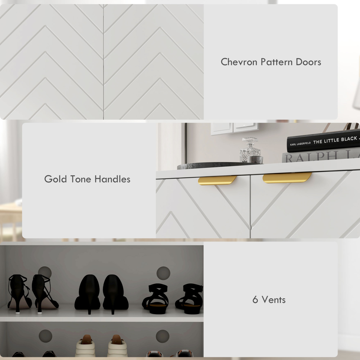 HOMCOM Shoe Cabinet with 2 Chevron Doors, Adjustable Shelf, Holds 12 Pairs, White and Gold Tone