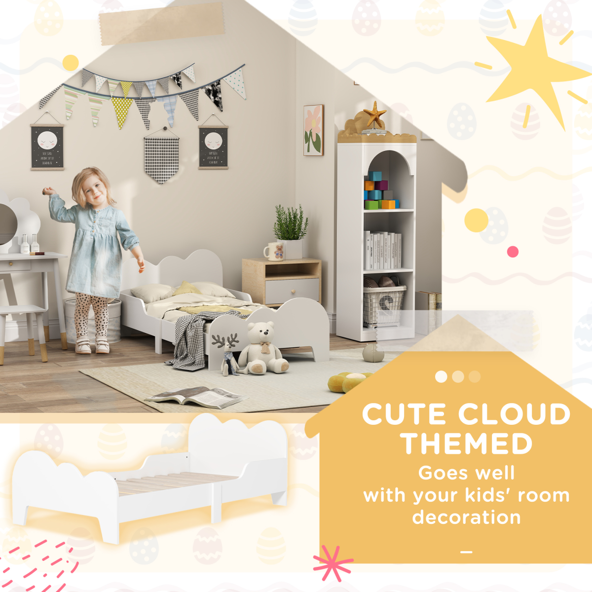 AIYAPLAY Cloud Toddler Bed with Safety Rails, White