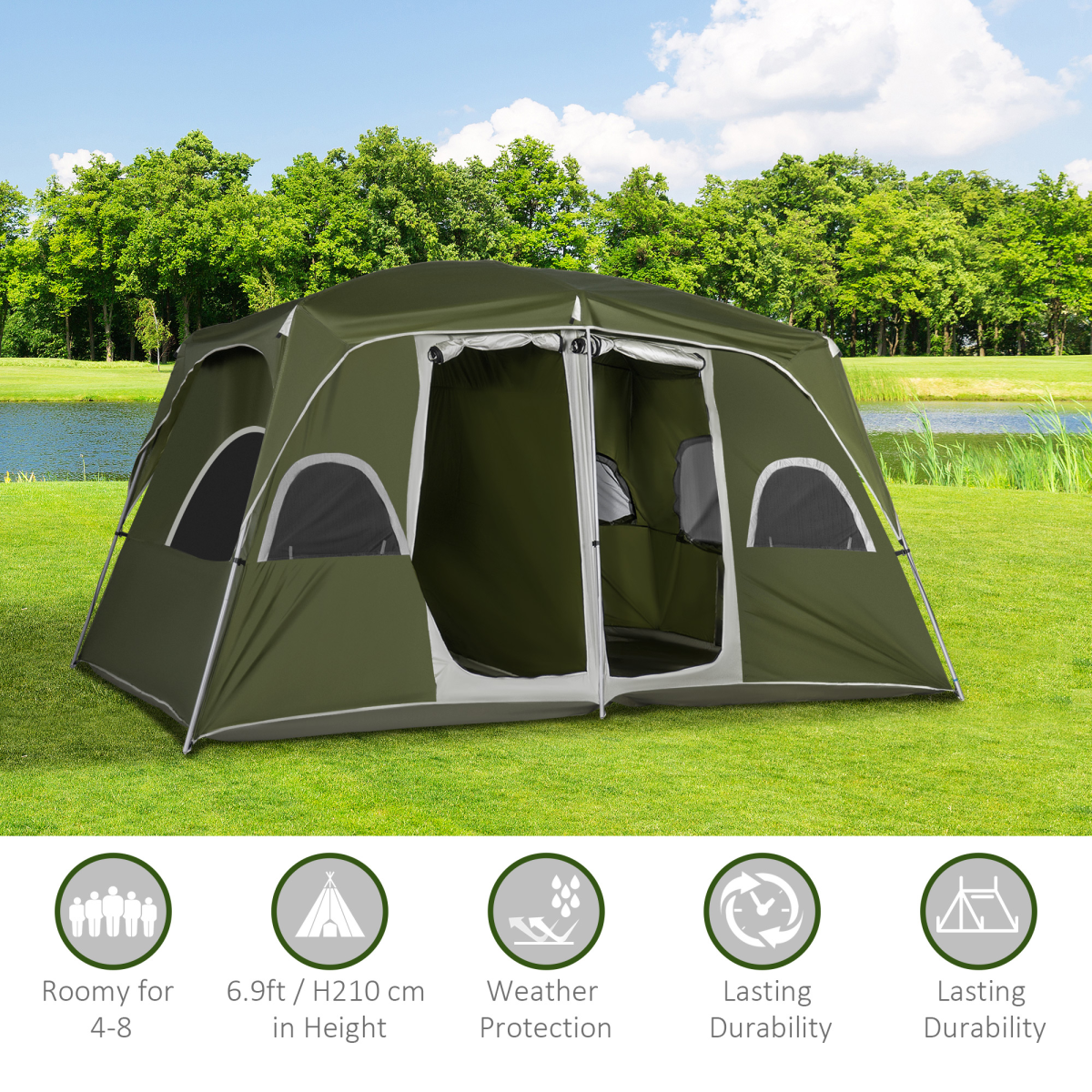 Outsunny Family Camping Tent, 4-8 Person, 2-Room, Easy Set Up, Green