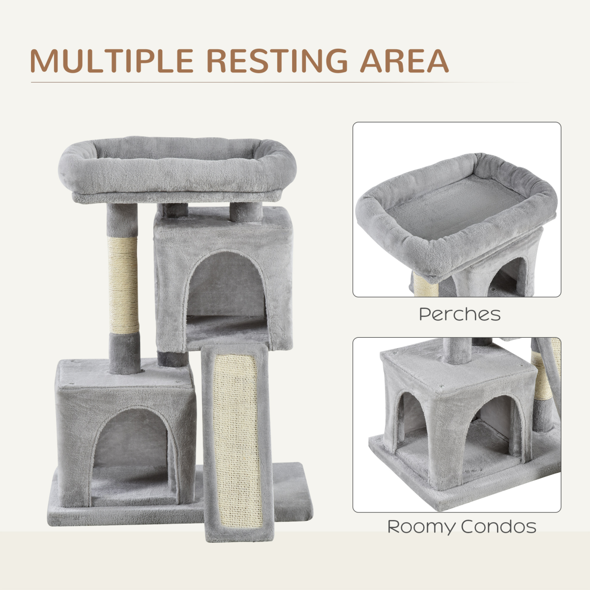 PawHut Cat Activity Tree with 2 Houses, Cushioned Top Perch, Sisal Scratching Posts, Grey