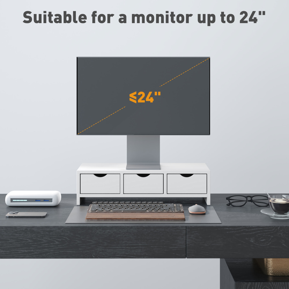 HOMCOM White Monitor Stand Riser with 3 Drawers, Wire Slot