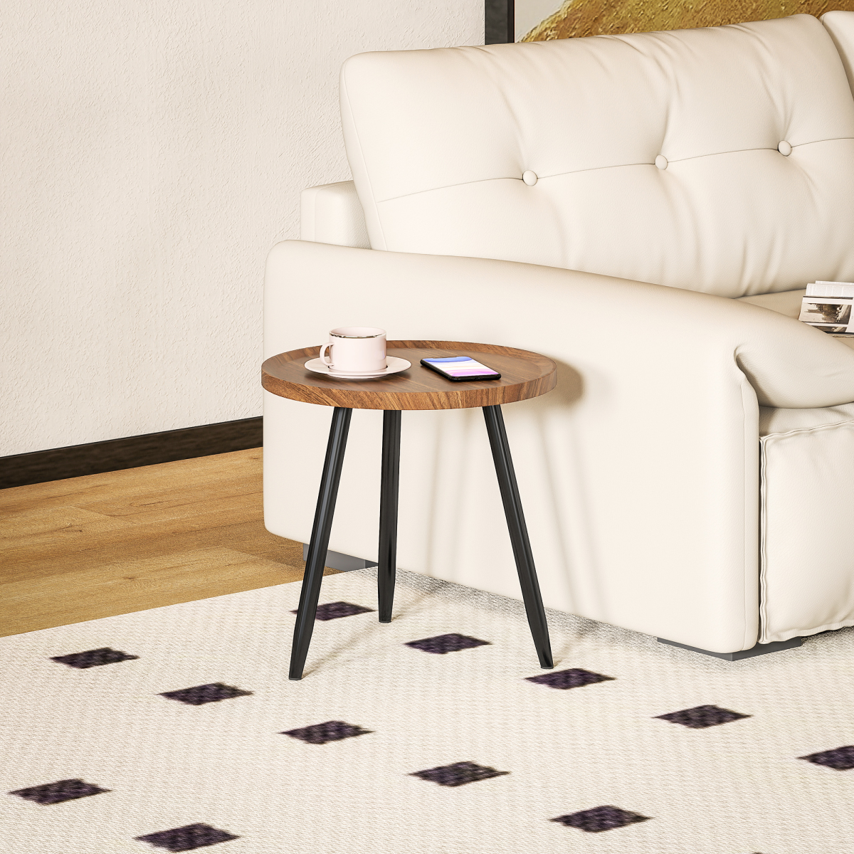 HOMCOM Modern Round End Table, Chestnut Wood Effect, Steel Base