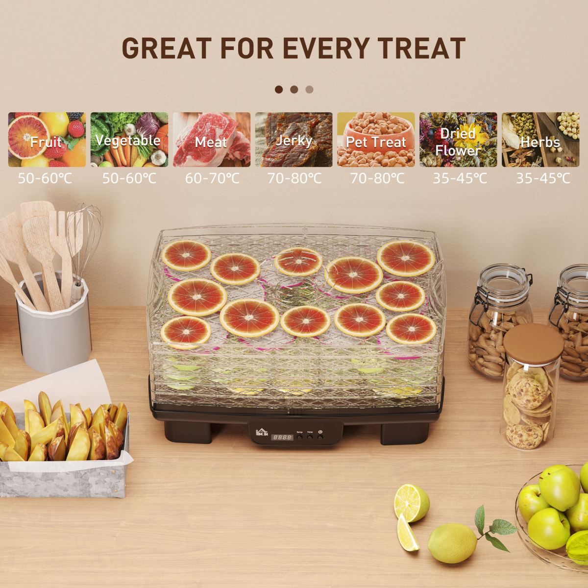 HOMCOM 6-Tray Food Dehydrator, 40-70°C Adjustable Temp, 1-48H Timer