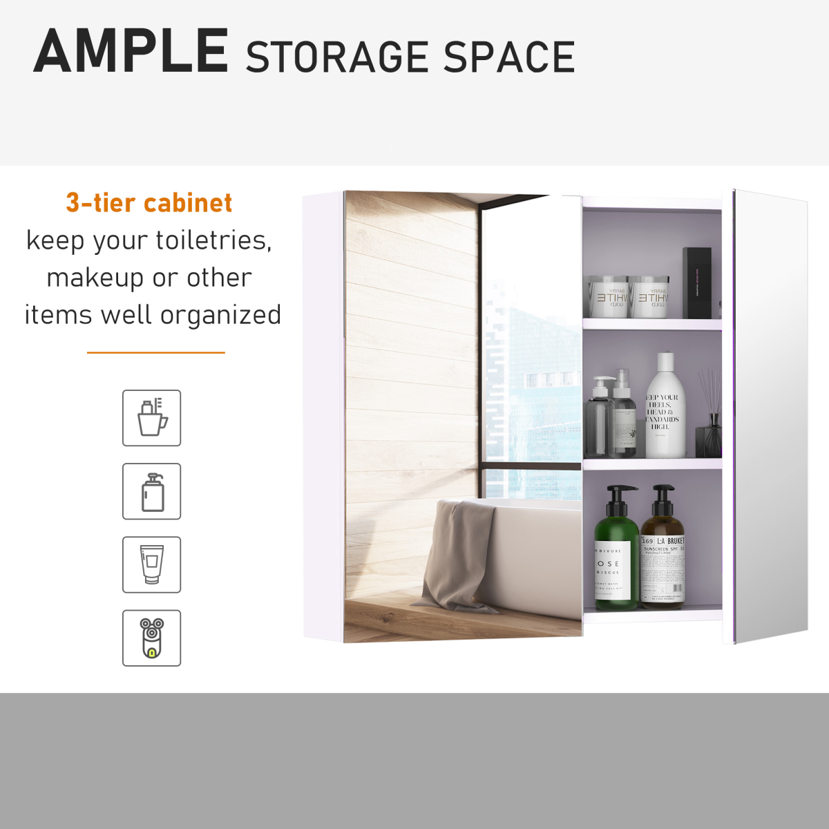 Wall Mounted Bathroom Mirror Storage Cabinet with Adjustable Shelf, 60H x 70W x 15Dcm