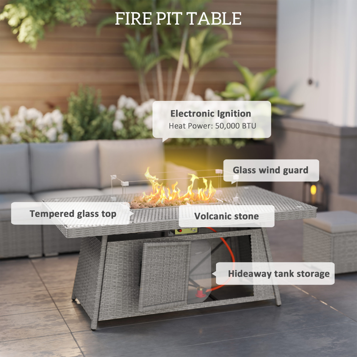 Outsunny Grey Fire Pit Table Set, 50,000 BTU Outdoor Heating