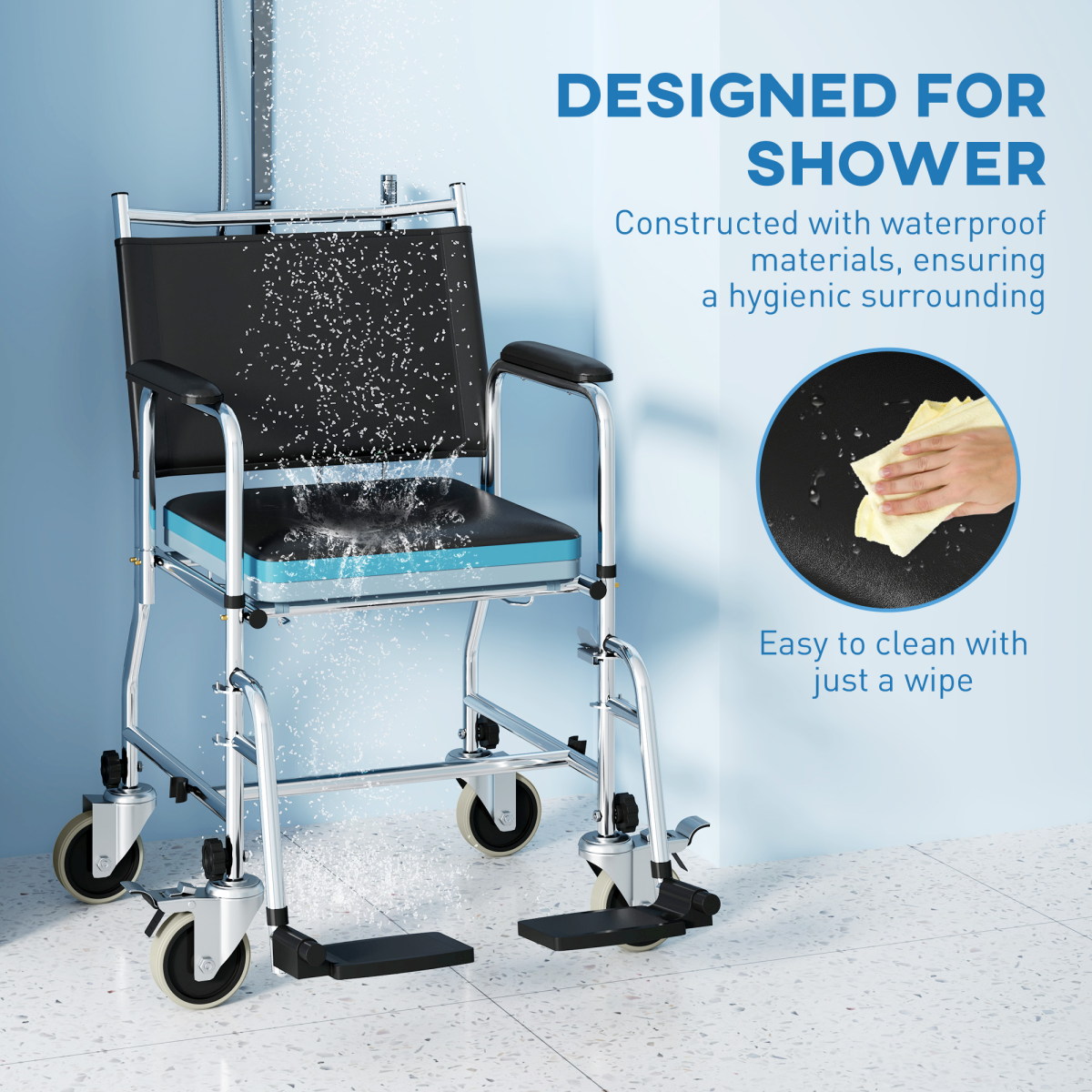 HOMCOM 3-in-1 Commode Shower Chair Wheelchair with Wheels