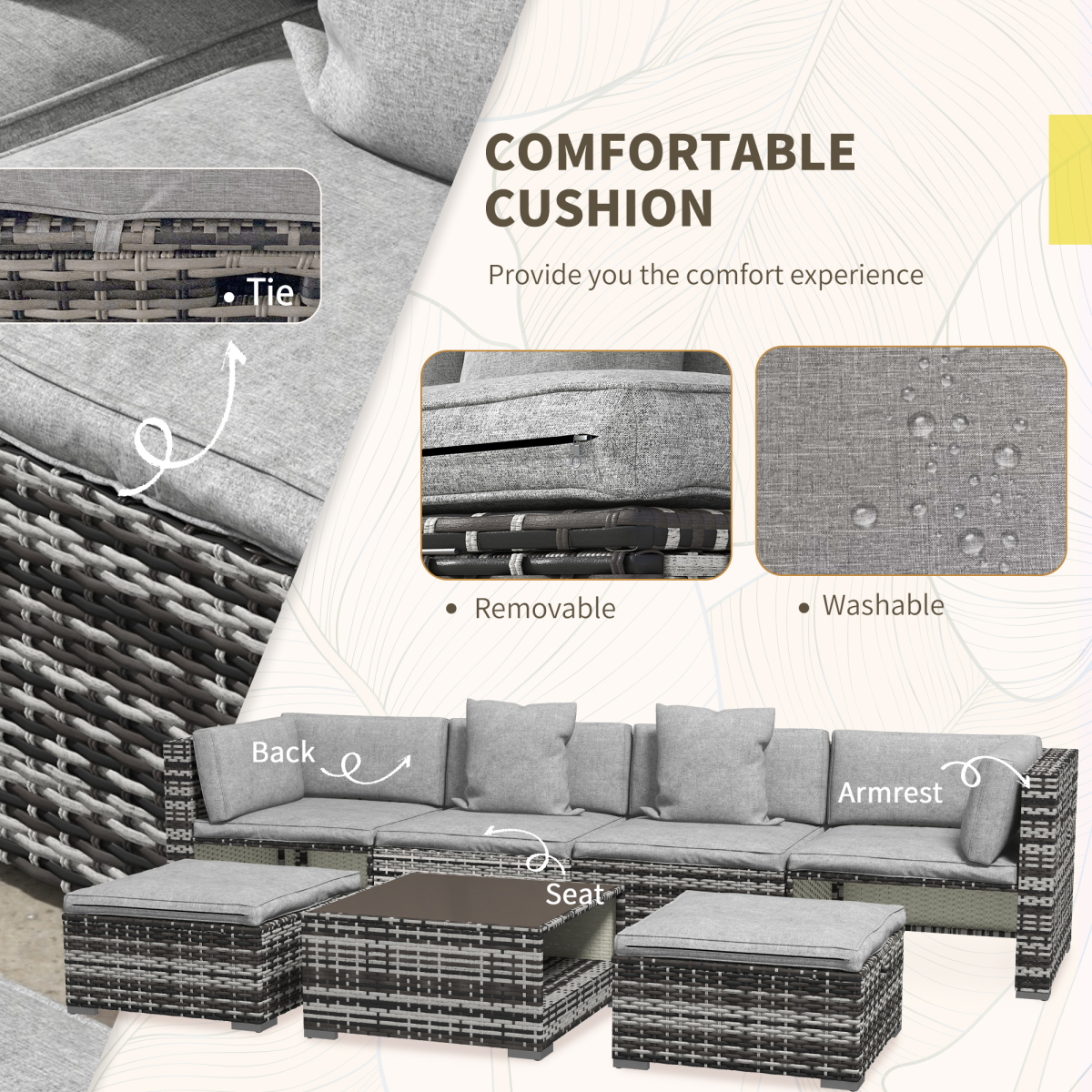 Outsunny 7-Piece PE Rattan Patio Furniture Set with 2 Armless Chairs, 2 Side Chairs, 2 Stools and Coffee Table, Mixed Grey
